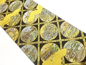 格天井に雲・寺院風景模様織出し袋帯